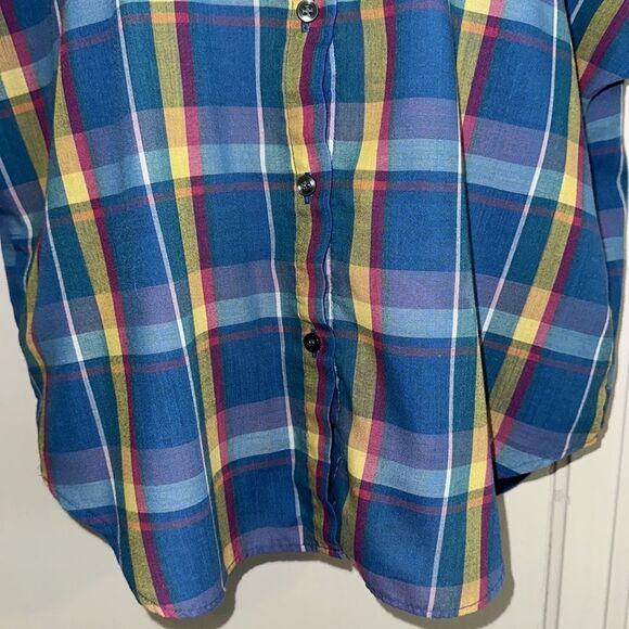 Vtg 80s Blue, Yellow, Pink & Lavender Plaid Button-Up Oversize Cap Sleeve Shirt - Picture 3 of 7
